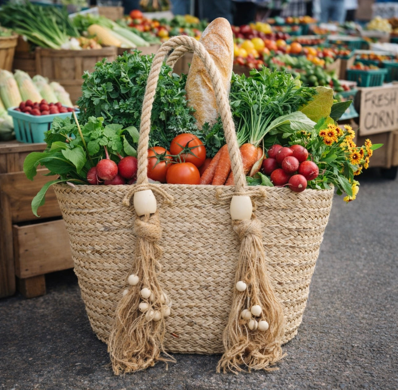 Large Seagrass Tote Bag – Handwoven Natural Beach & Market Tote with Tassels