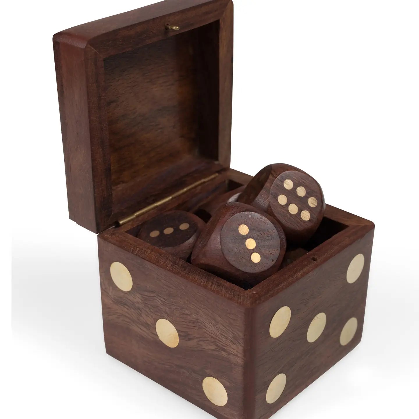 Shesham Wood Dice Box with Brass Inlay – 6 Wooden Dice with Brass Pips