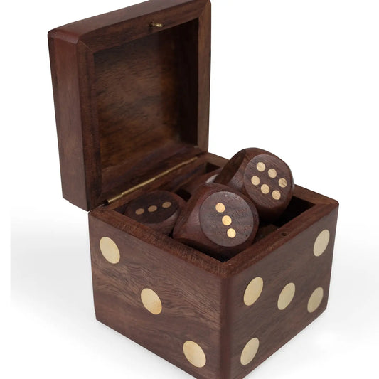 Shesham Wood Dice Box with Brass Inlay – 6 Wooden Dice with Brass Pips