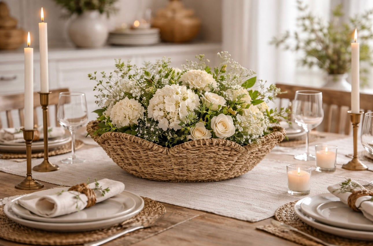Scalloped Seagrass Basket – Handwoven Natural Basket Bowl | Coastal Farmhouse Décor
