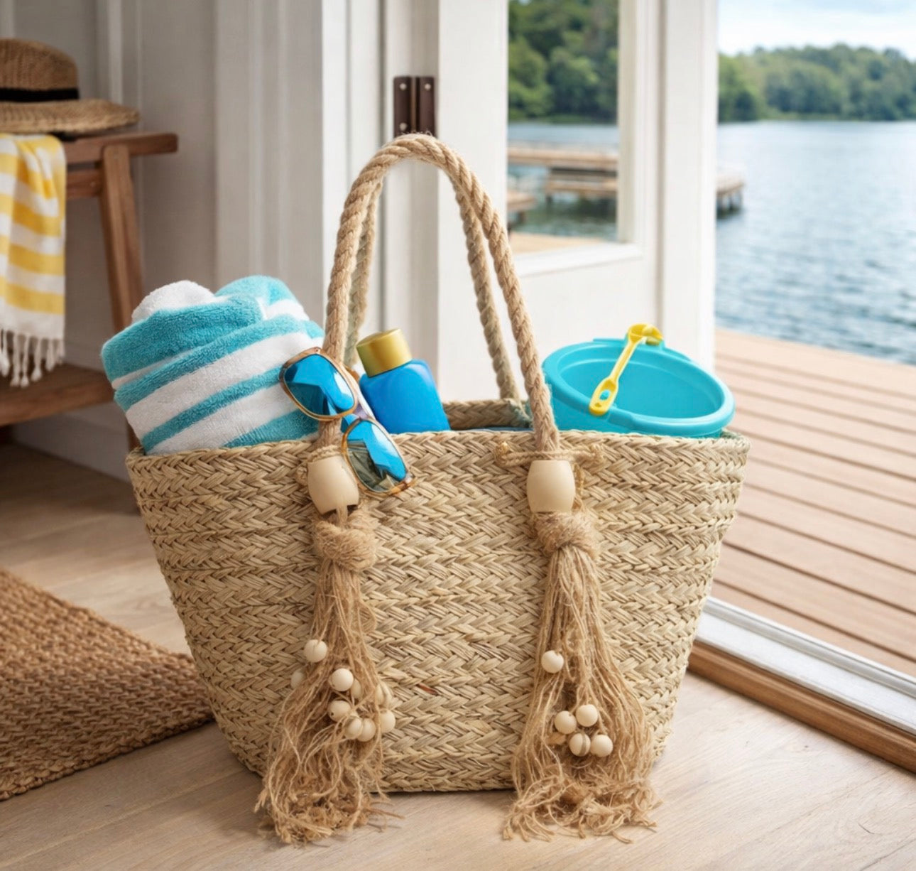 Large Seagrass Tote Bag – Handwoven Natural Beach & Market Tote with Tassels