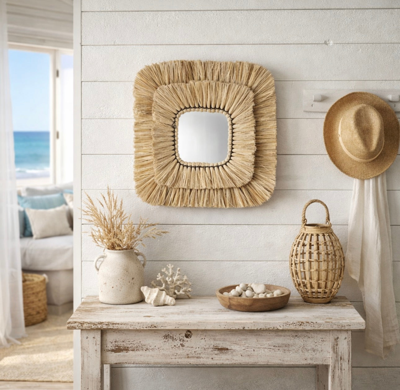 Handwoven Seagrass Wall Mirror – Coastal & Farmhouse Decor | Natural Woven Square Mirror for Entryway, Bathroom, and Living Room