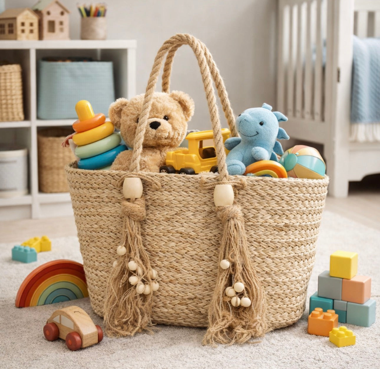 Large Seagrass Tote Bag – Handwoven Natural Beach & Market Tote with Tassels