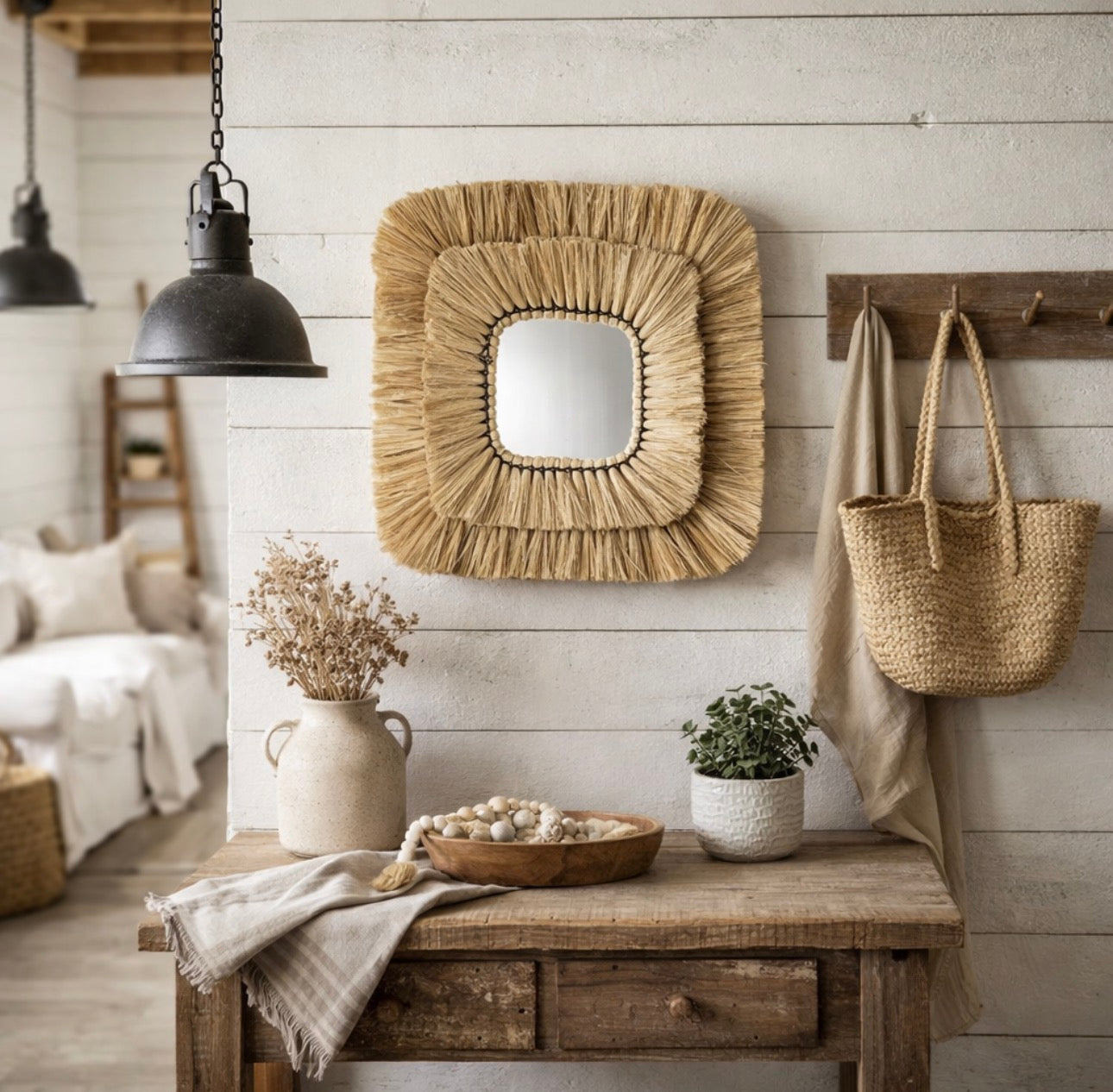 Handwoven Seagrass Wall Mirror – Coastal & Farmhouse Decor | Natural Woven Square Mirror for Entryway, Bathroom, and Living Room