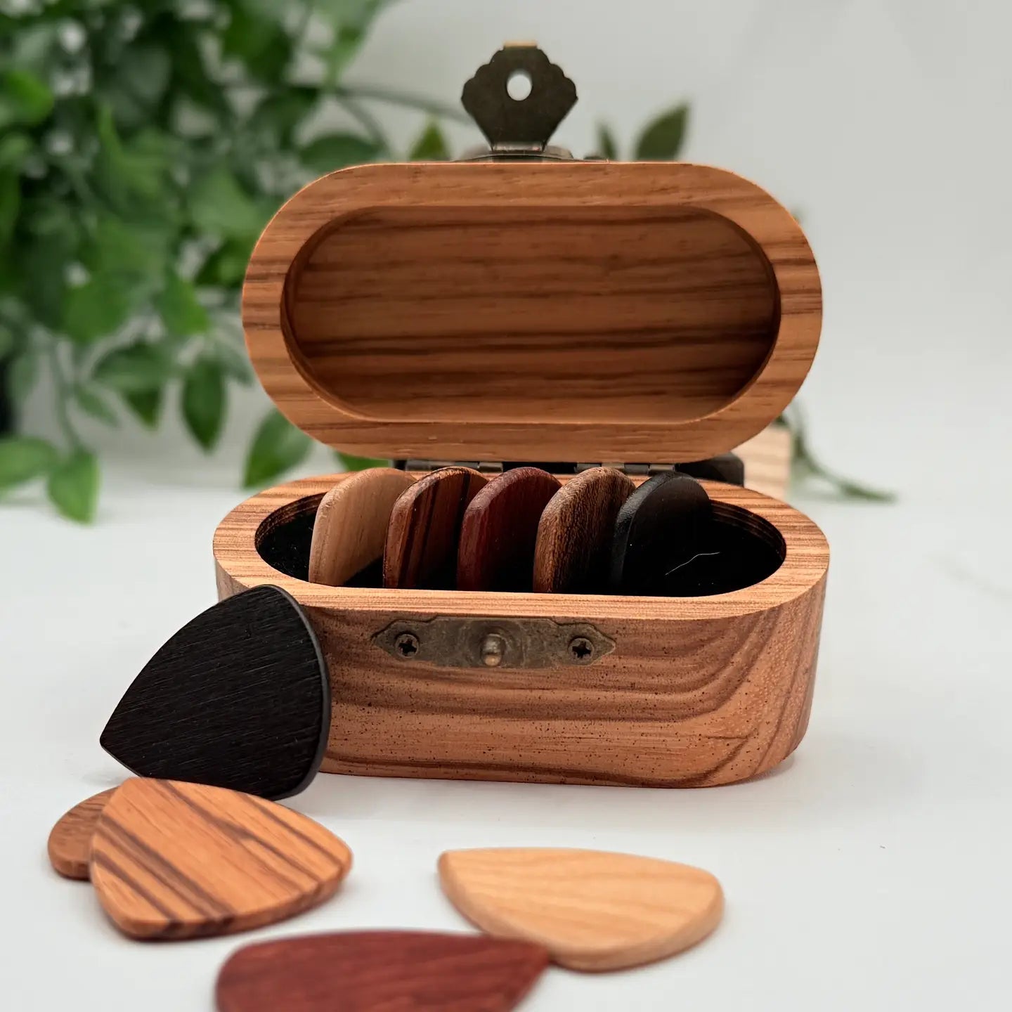 Wood Guitar Pick Box with 5 Wooden Picks – Handmade Guitar Accessory Gift