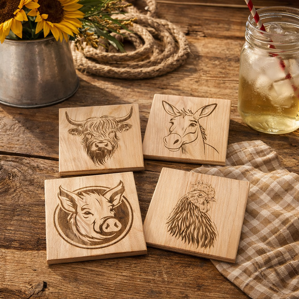 Handcrafted Laser-Engraved Wood Coaster Set - 4" square