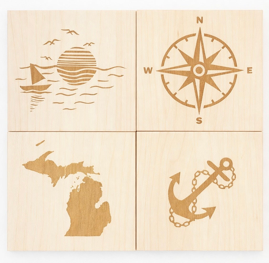 JANUARY SALE: 25% Off (Discount applied at checkout.) Handcrafted Laser-Engraved Wood Coaster Set - 4" square