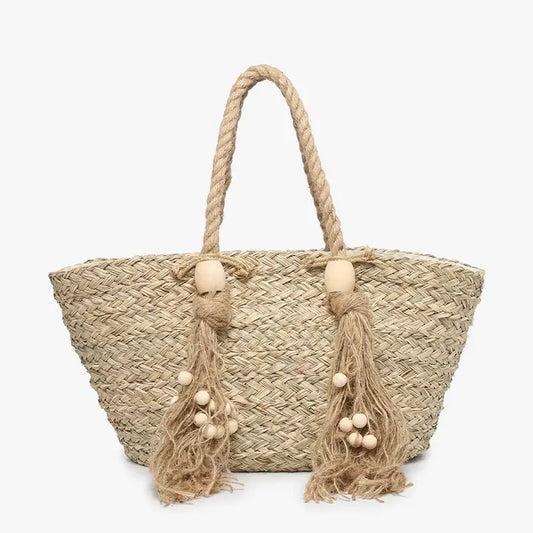 Large Seagrass Tote Bag – Handwoven Natural Beach & Market Tote with Tassels