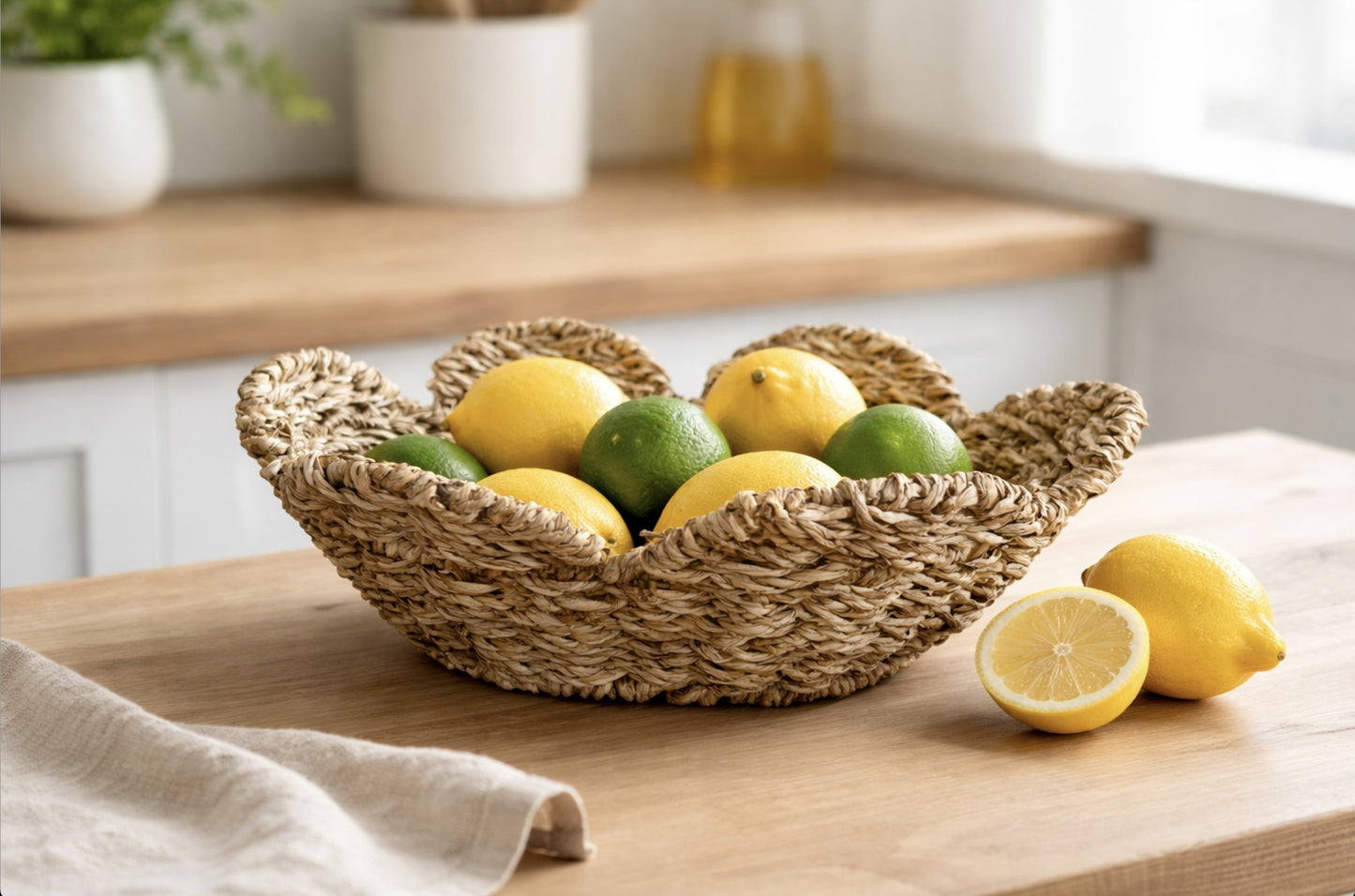 Scalloped Seagrass Basket – Handwoven Natural Basket Bowl | Coastal Farmhouse Décor