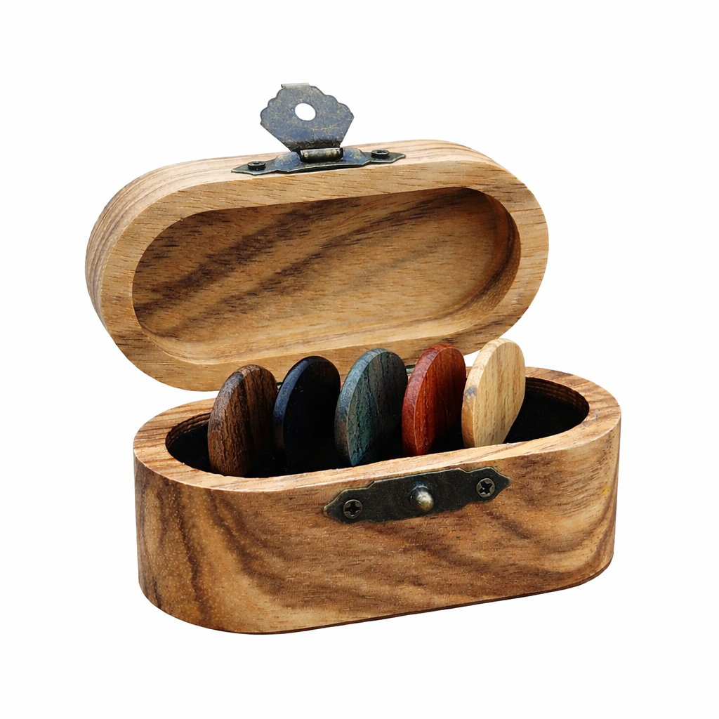 Wood Guitar Pick Box with 5 Wooden Picks – Handmade Guitar Accessory Gift