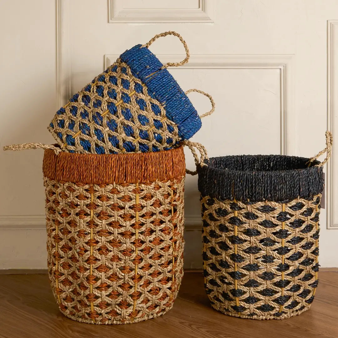 Handwoven Seagrass Storage Baskets with Handles – Natural Woven Baskets (3 Sizes & Colors)